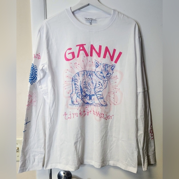 Ganni White Long Sleeve Tee with Pink and Blue Graphics - Picture 5 of 16
